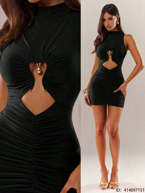 Radiana Women Black Sleeveless Bodycon Mini Dress With High Neck And Heart Cut Out Design For Party,Party Dresses For Women