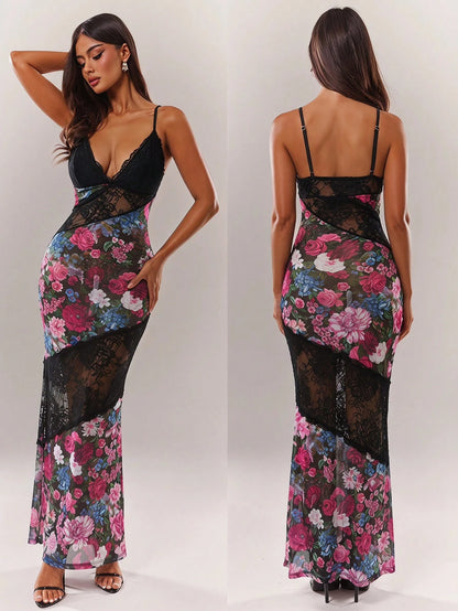Radiana Women's Elegant Sexy Lace Contrast Mesh Spaghetti Strap Fishtail Dress, Floral Print Bodycon Sheer Long Vacation Beach Party Night Out Date Summer