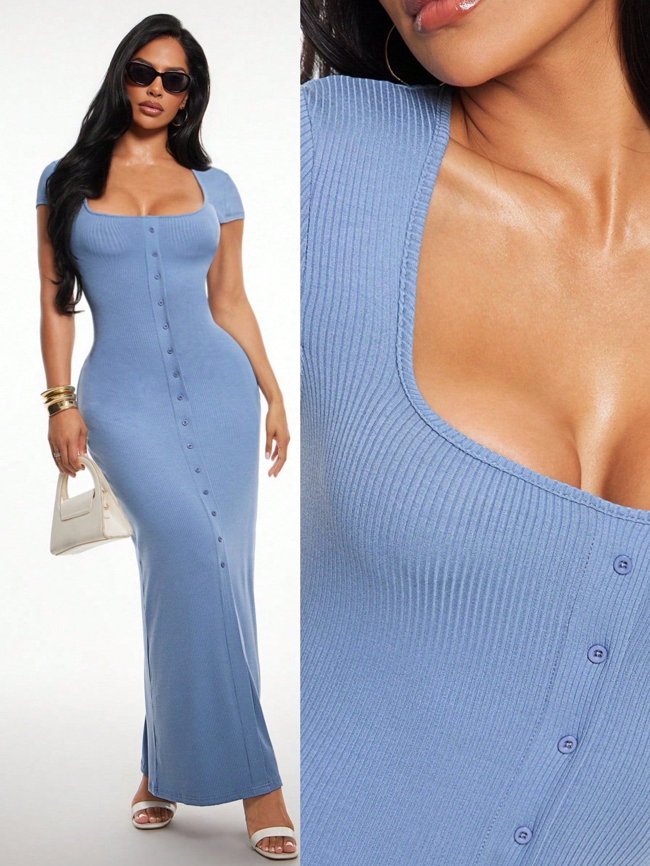 Radiana Women's Light Blue Summer Casual Sexy Midi Dress, Square Neck Short Sleeve Bodycon Fitted, Stretchy Knit A-Line Brunch Dress, Elegant Office Night Out