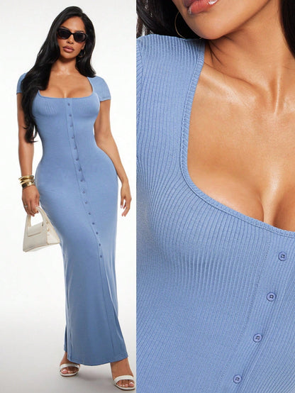 Radiana Women's Light Blue Summer Casual Sexy Midi Dress, Square Neck Short Sleeve Bodycon Fitted, Stretchy Knit A-Line Brunch Dress, Elegant Office Night Out