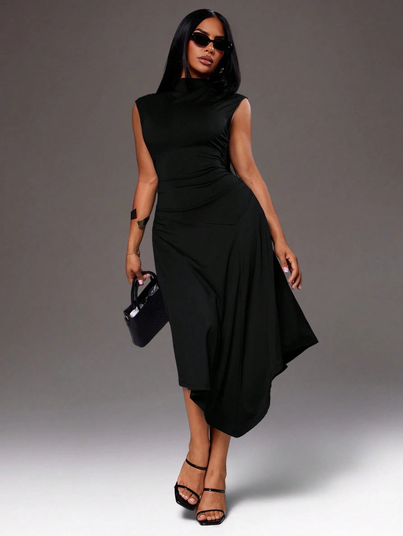 Radiana Women's Summer Casual Mature Sexy Minimalist Elegant Black Fitted Dress, Graceful, Asymmetrical A-Line Design, Mid-Length, Business, Knit Dinner Party