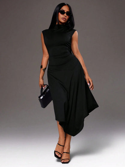 Radiana Women's Summer Casual Mature Sexy Minimalist Elegant Black Fitted Dress, Graceful, Asymmetrical A-Line Design, Mid-Length, Business, Knit Dinner Party