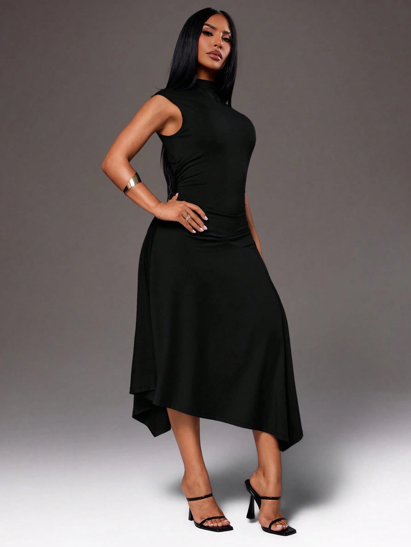 Radiana Women's Summer Casual Mature Sexy Minimalist Elegant Black Fitted Dress, Graceful, Asymmetrical A-Line Design, Mid-Length, Business, Knit Dinner Party