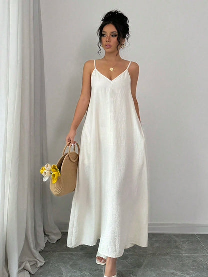 Rafferiza Adjustable Strap Loose White Long Cami Dress For Women Maxi Women Outfit