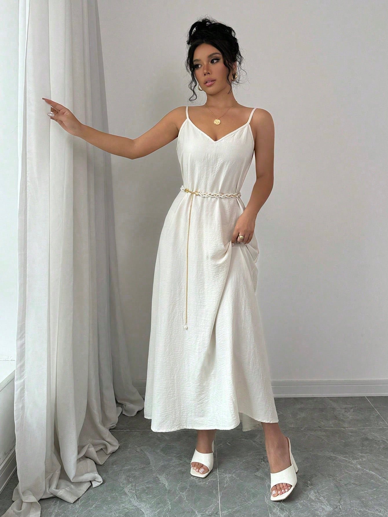 Rafferiza Adjustable Strap Loose White Long Cami Dress For Women Maxi Women Outfit