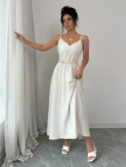Rafferiza Adjustable Strap Loose White Long Cami Dress For Women Maxi Women Outfit