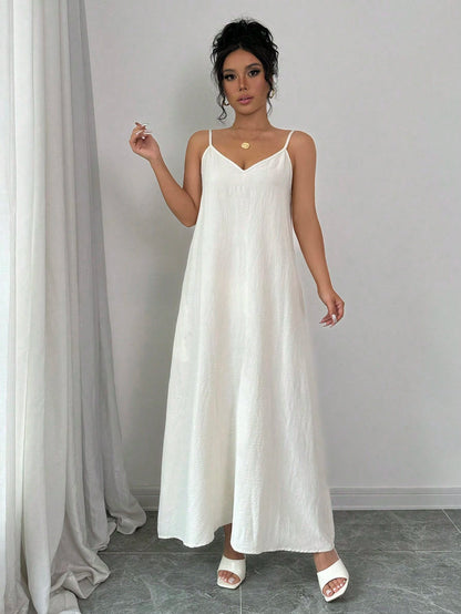 Rafferiza Adjustable Strap Loose White Long Cami Dress For Women Maxi Women Outfit
