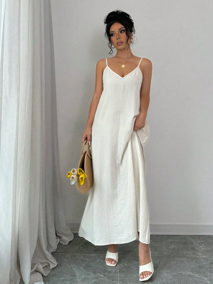 Rafferiza Adjustable Strap Loose White Long Cami Dress For Women Maxi Women Outfit