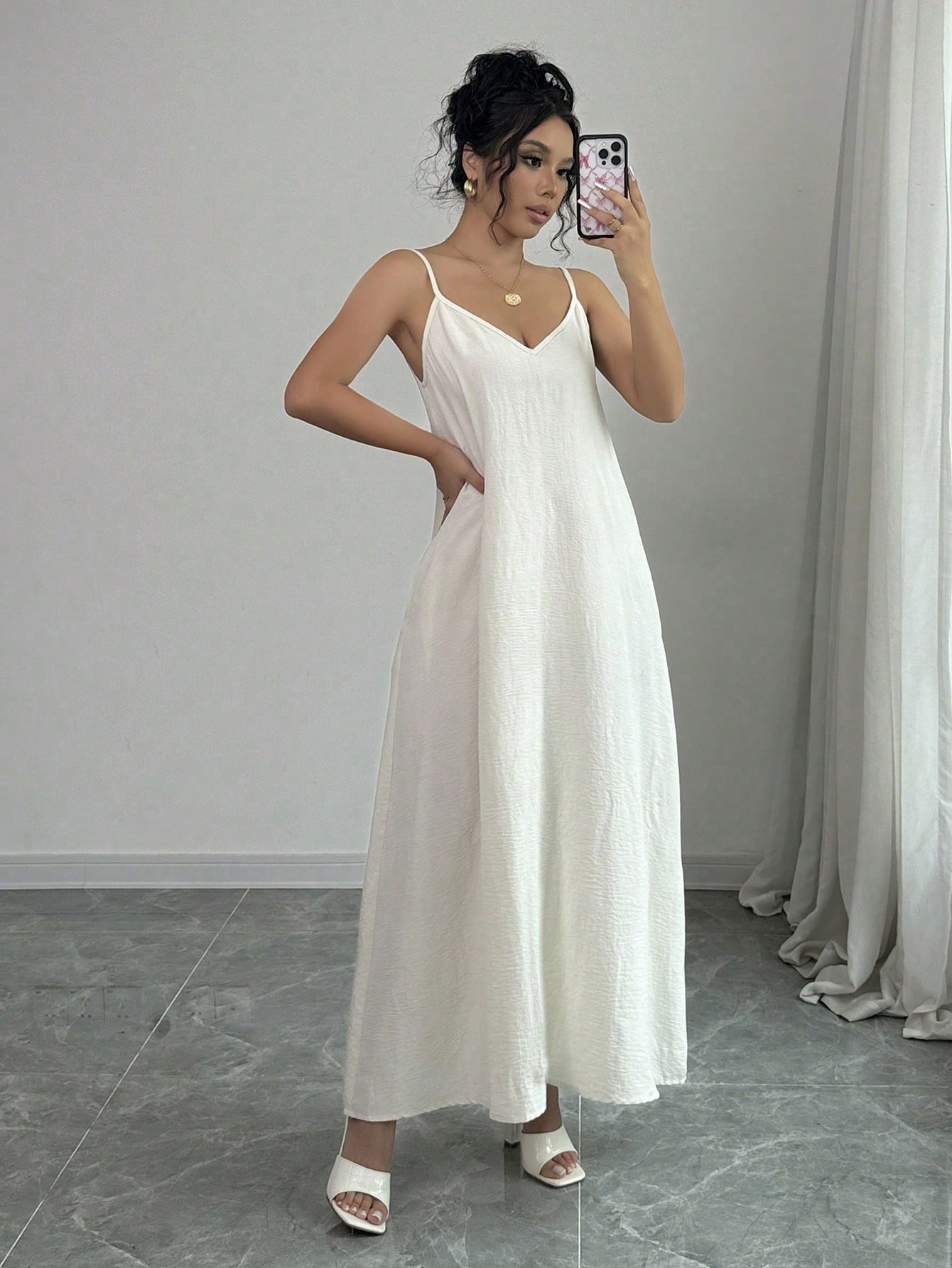 Rafferiza Adjustable Strap Loose White Long Cami Dress For Women Maxi Women Outfit