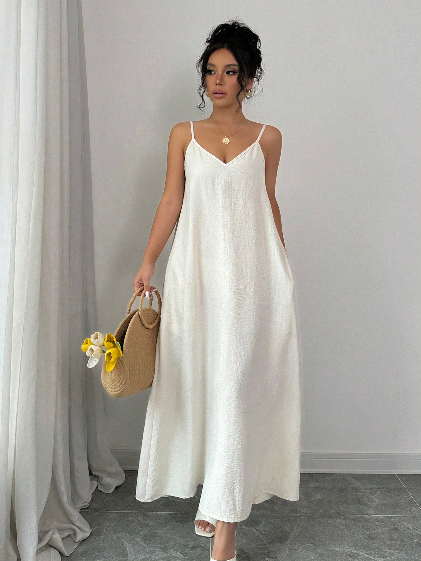 Rafferiza Adjustable Strap Loose White Long Cami Dress For Women Maxi Women Outfit