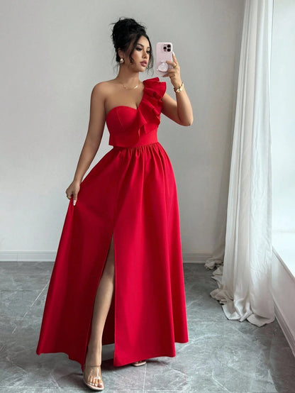Rafferiza Fashionable New Sleeveless V-Neck Ruffle Hem Split European & American Style Dress For Women