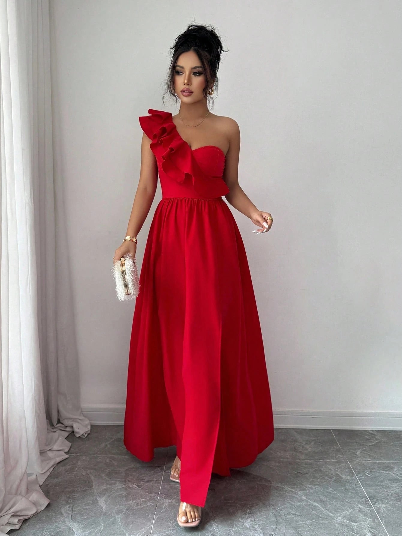 Rafferiza Fashionable New Sleeveless V-Neck Ruffle Hem Split European & American Style Dress For Women