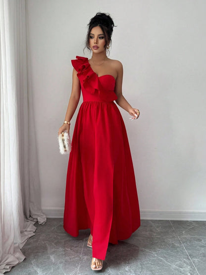 Rafferiza Fashionable New Sleeveless V-Neck Ruffle Hem Split European & American Style Dress For Women