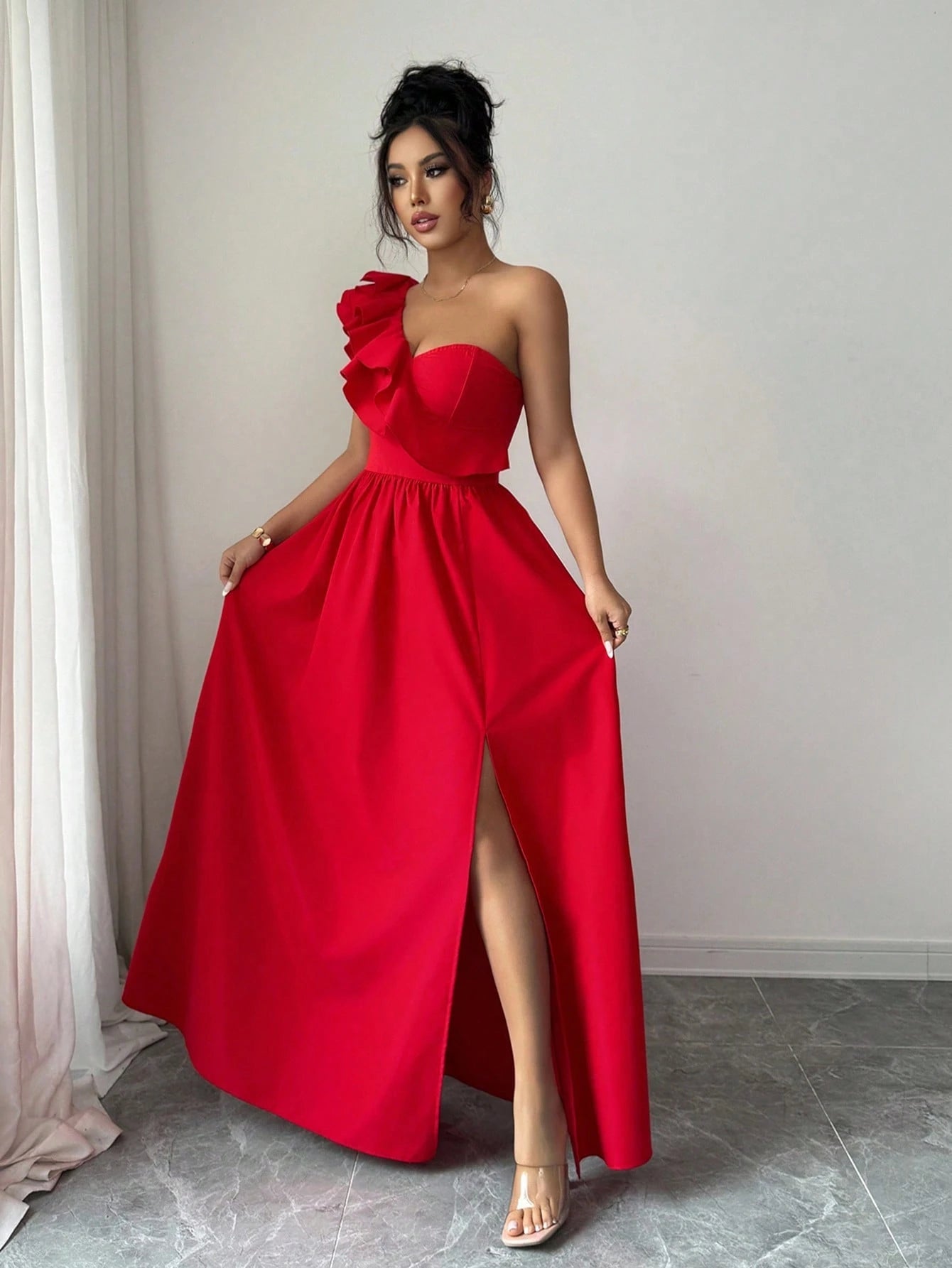 Rafferiza Fashionable New Sleeveless V-Neck Ruffle Hem Split European & American Style Dress For Women