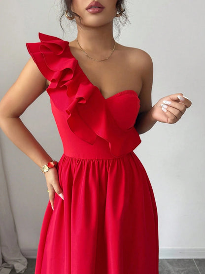Rafferiza Fashionable New Sleeveless V-Neck Ruffle Hem Split European & American Style Dress For Women