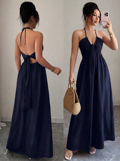 Rafferiza Neck Tie Backless Solid Color Casual Elegant Hollow A-Line Dress Vacation Navy Blue Summer