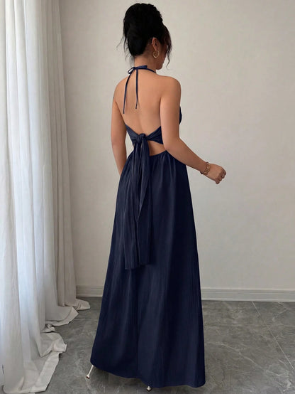 Rafferiza Neck Tie Backless Solid Color Casual Elegant Hollow A-Line Dress Vacation Navy Blue Summer