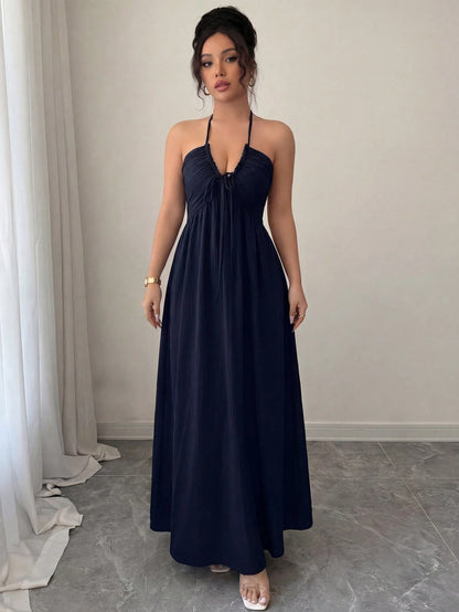 Rafferiza Neck Tie Backless Solid Color Casual Elegant Hollow A-Line Dress Vacation Navy Blue Summer
