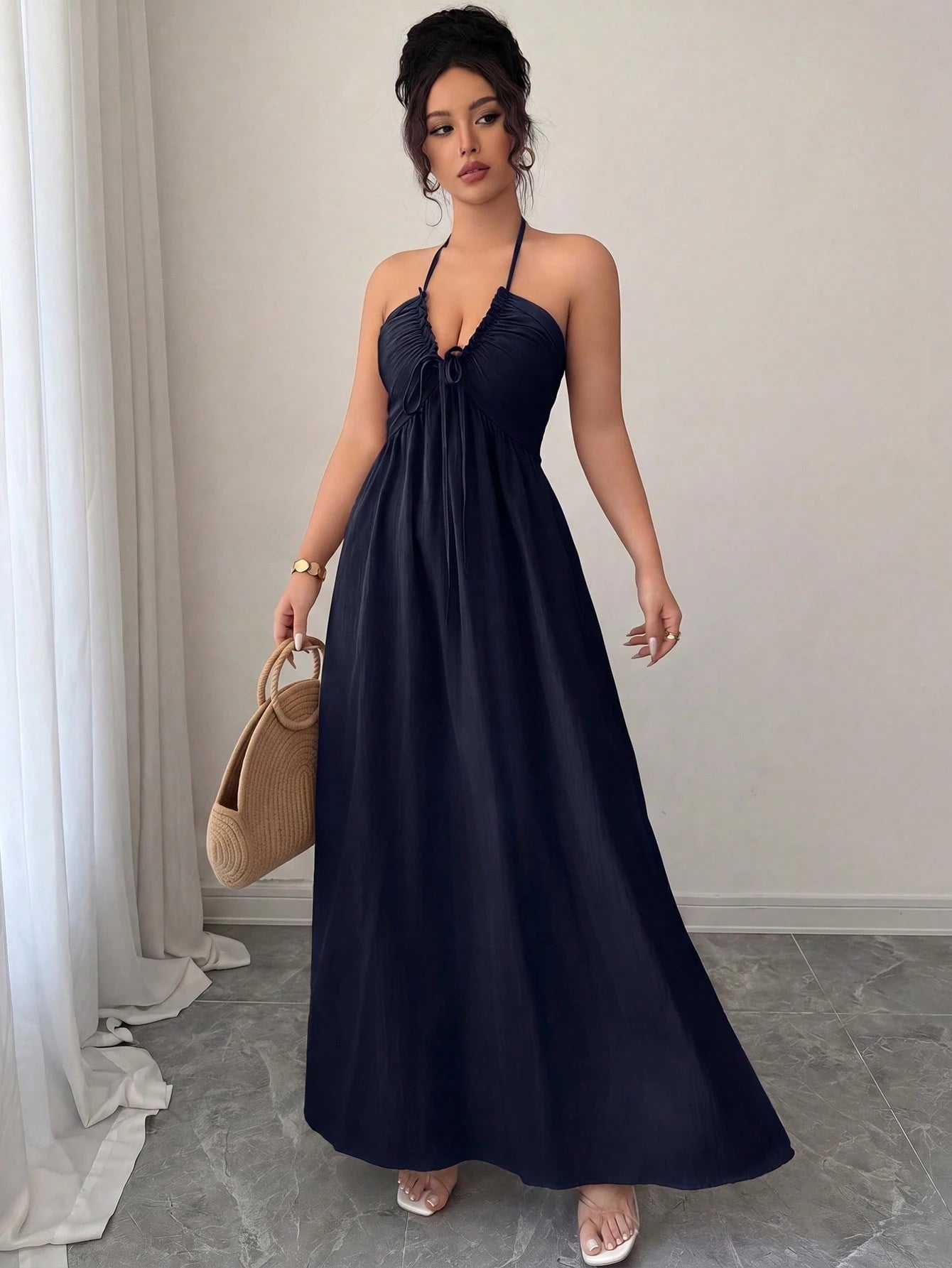 Rafferiza Neck Tie Backless Solid Color Casual Elegant Hollow A-Line Dress Vacation Navy Blue Summer