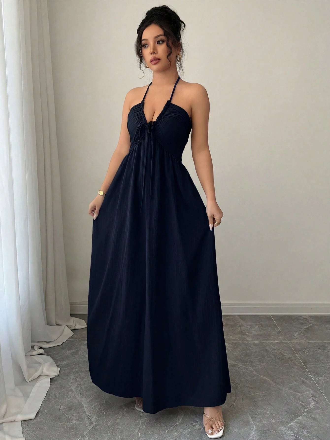 Rafferiza Neck Tie Backless Solid Color Casual Elegant Hollow A-Line Dress Vacation Navy Blue Summer