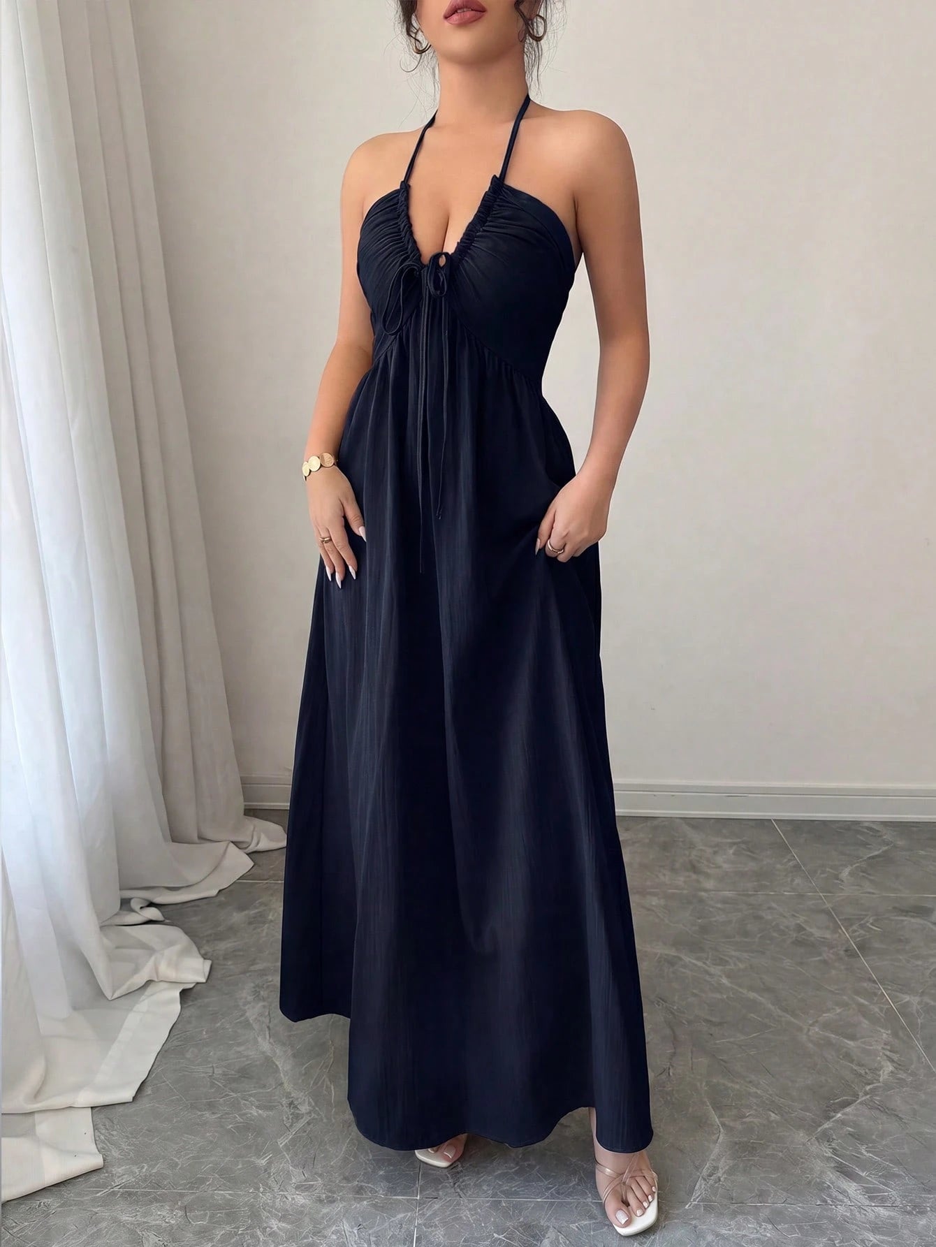 Rafferiza Neck Tie Backless Solid Color Casual Elegant Hollow A-Line Dress Vacation Navy Blue Summer