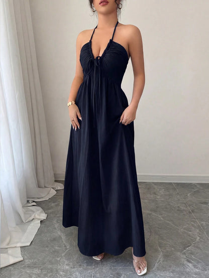 Rafferiza Neck Tie Backless Solid Color Casual Elegant Hollow A-Line Dress Vacation Navy Blue Summer