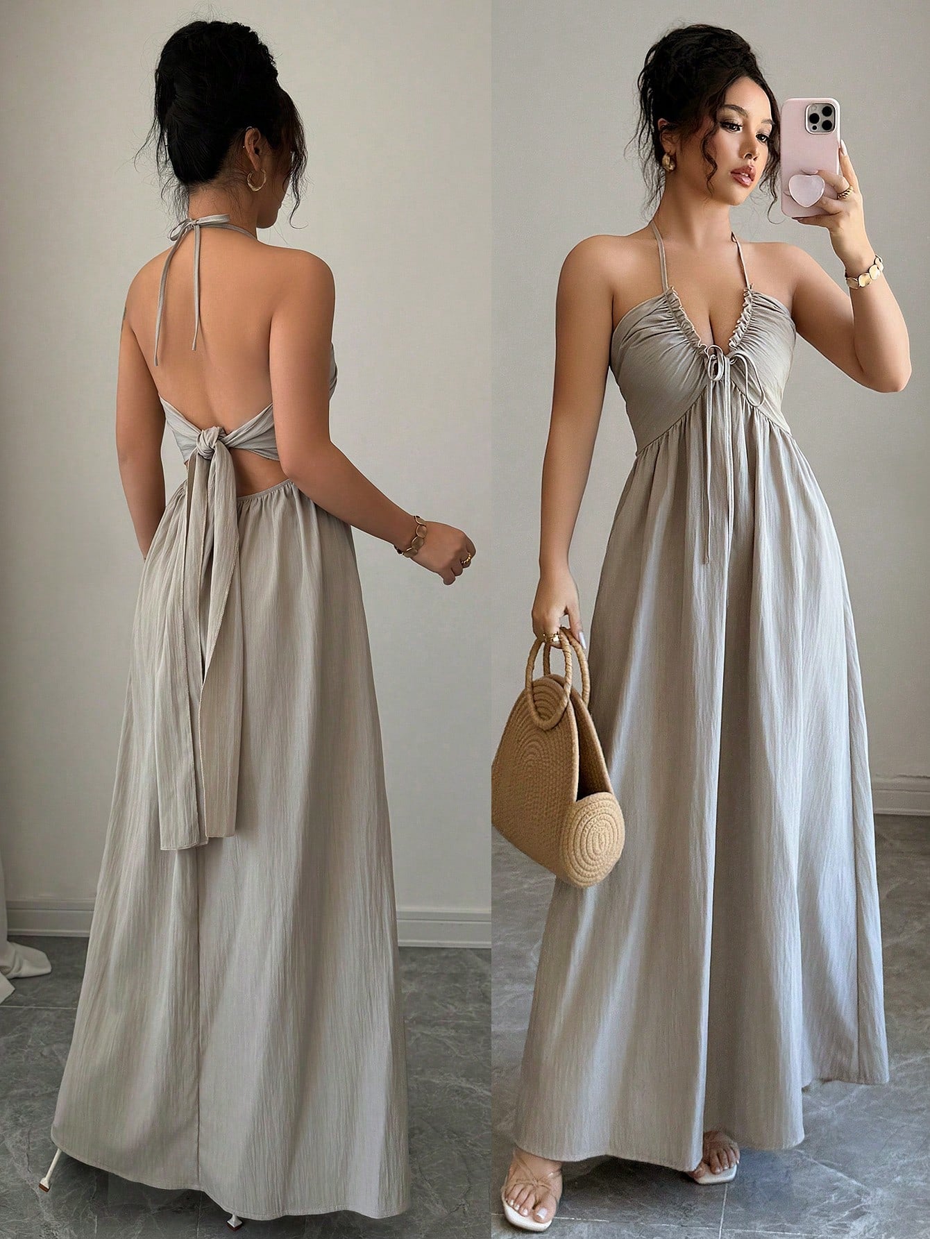 Rafferiza Neck Tie Backless Solid Color Casual Elegant Hollow A-Line Dress Vacation Navy Blue Summer