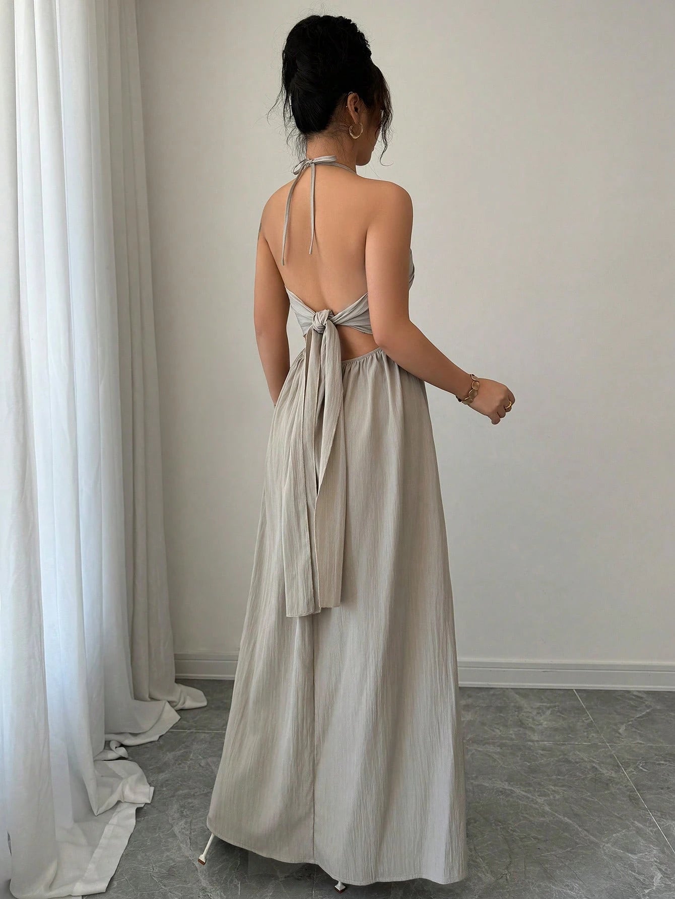 Rafferiza Neck Tie Backless Solid Color Casual Elegant Hollow A-Line Dress Vacation Navy Blue Summer