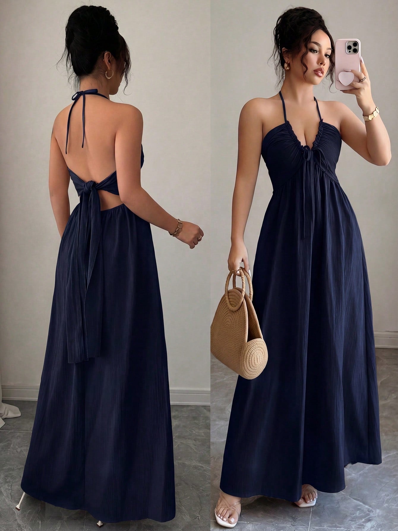 Rafferiza Neck Tie Backless Solid Color Casual Elegant Hollow A-Line Dress Vacation Navy Blue Summer