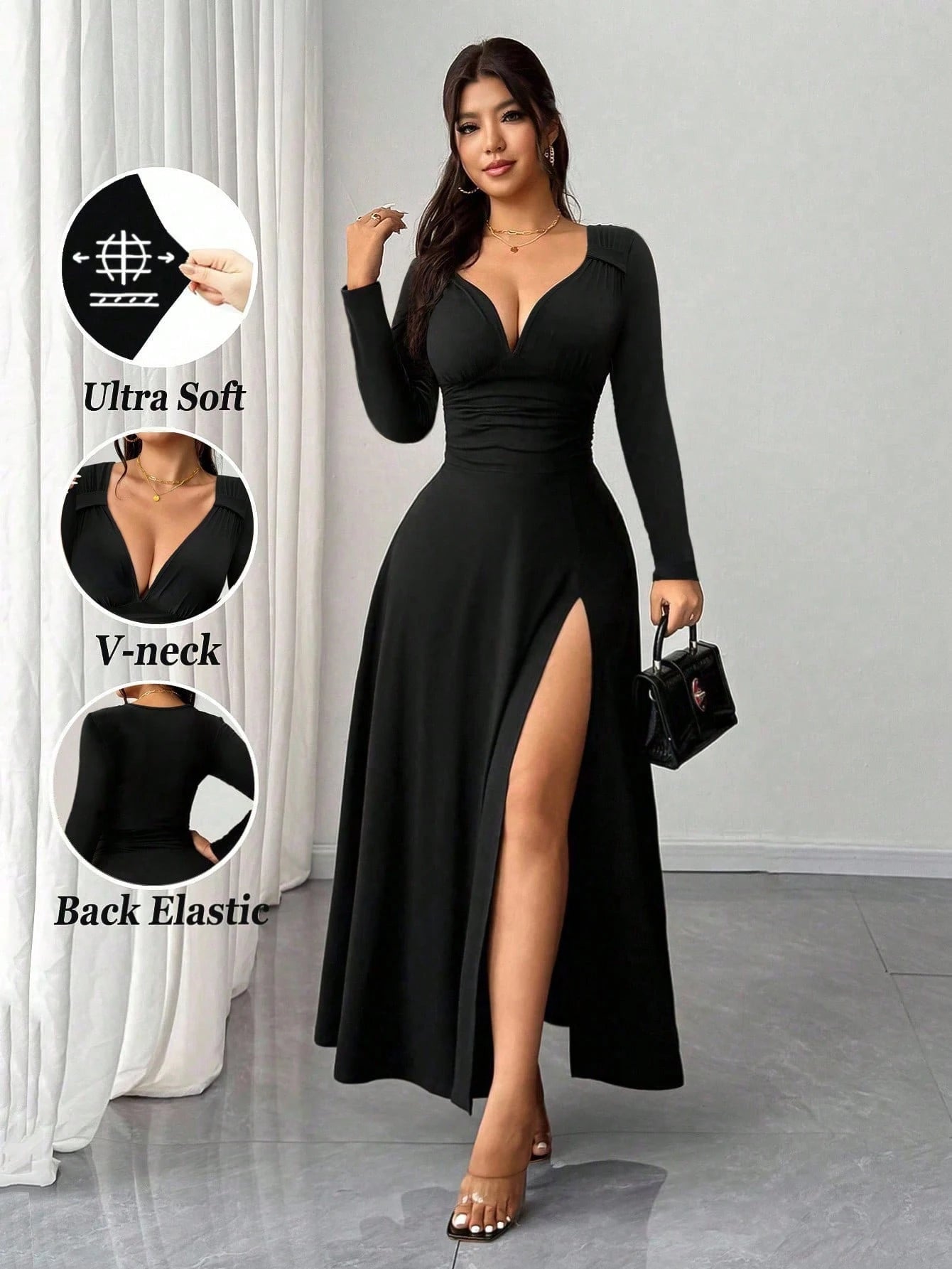 Rafferiza Women's Black Elegant V-Neck Long Sleeve Bodycon Party Night Dress,Autumn High Stretch Slit Dress,Versatile Stylish Wedding Guest Birthday Outfit