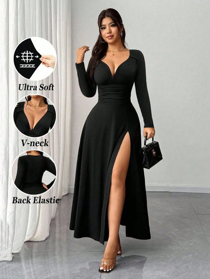 Rafferiza Women's Black Elegant V-Neck Long Sleeve Bodycon Party Night Dress,Autumn High Stretch Slit Dress,Versatile Stylish Wedding Guest Birthday Outfit