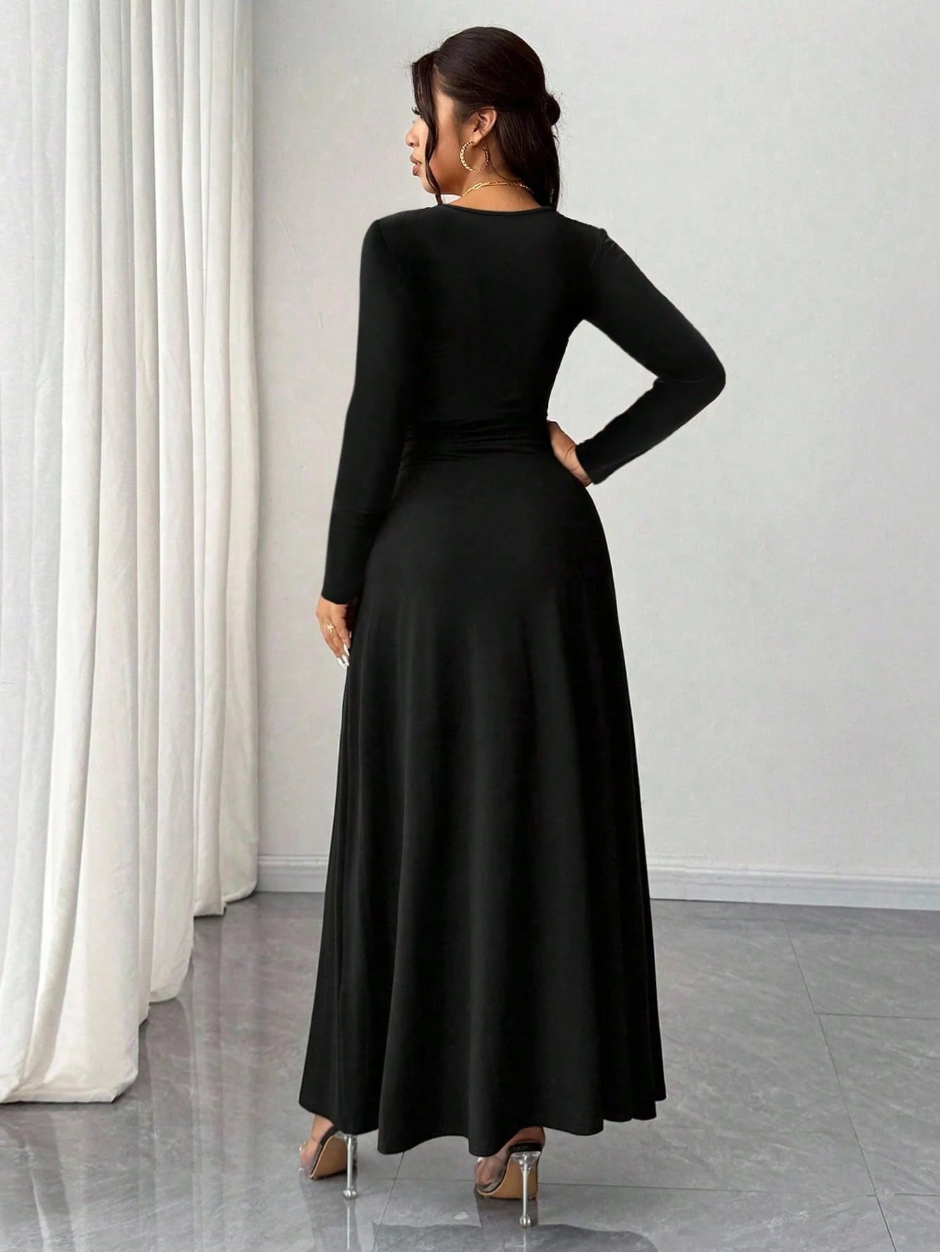 Rafferiza Women's Black Elegant V-Neck Long Sleeve Bodycon Party Night Dress,Autumn High Stretch Slit Dress,Versatile Stylish Wedding Guest Birthday Outfit