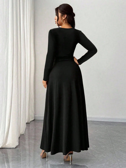 Rafferiza Women's Black Elegant V-Neck Long Sleeve Bodycon Party Night Dress,Autumn High Stretch Slit Dress,Versatile Stylish Wedding Guest Birthday Outfit
