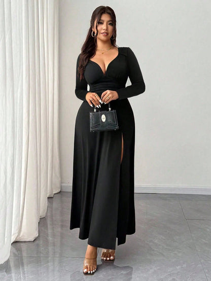 Rafferiza Women's Black Elegant V-Neck Long Sleeve Bodycon Party Night Dress,Autumn High Stretch Slit Dress,Versatile Stylish Wedding Guest Birthday Outfit