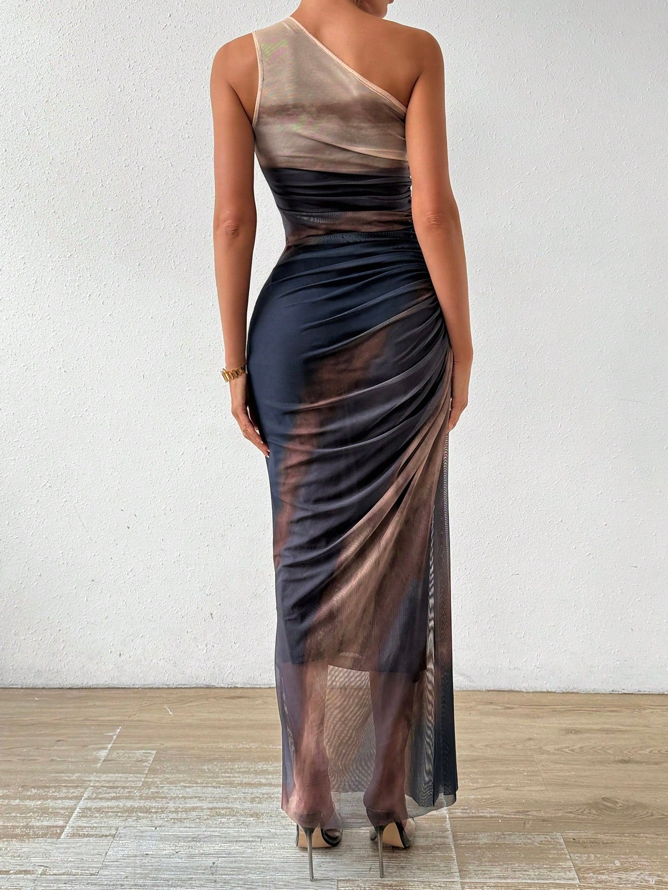 Rafferiza Women's Black Summer 70s Party Ombre Bodycon Maxi Dress,Asymmetrical Neck Ruched Pleats Slit Up To Thigh Sleeveless Two Tone Nightclub Outfits