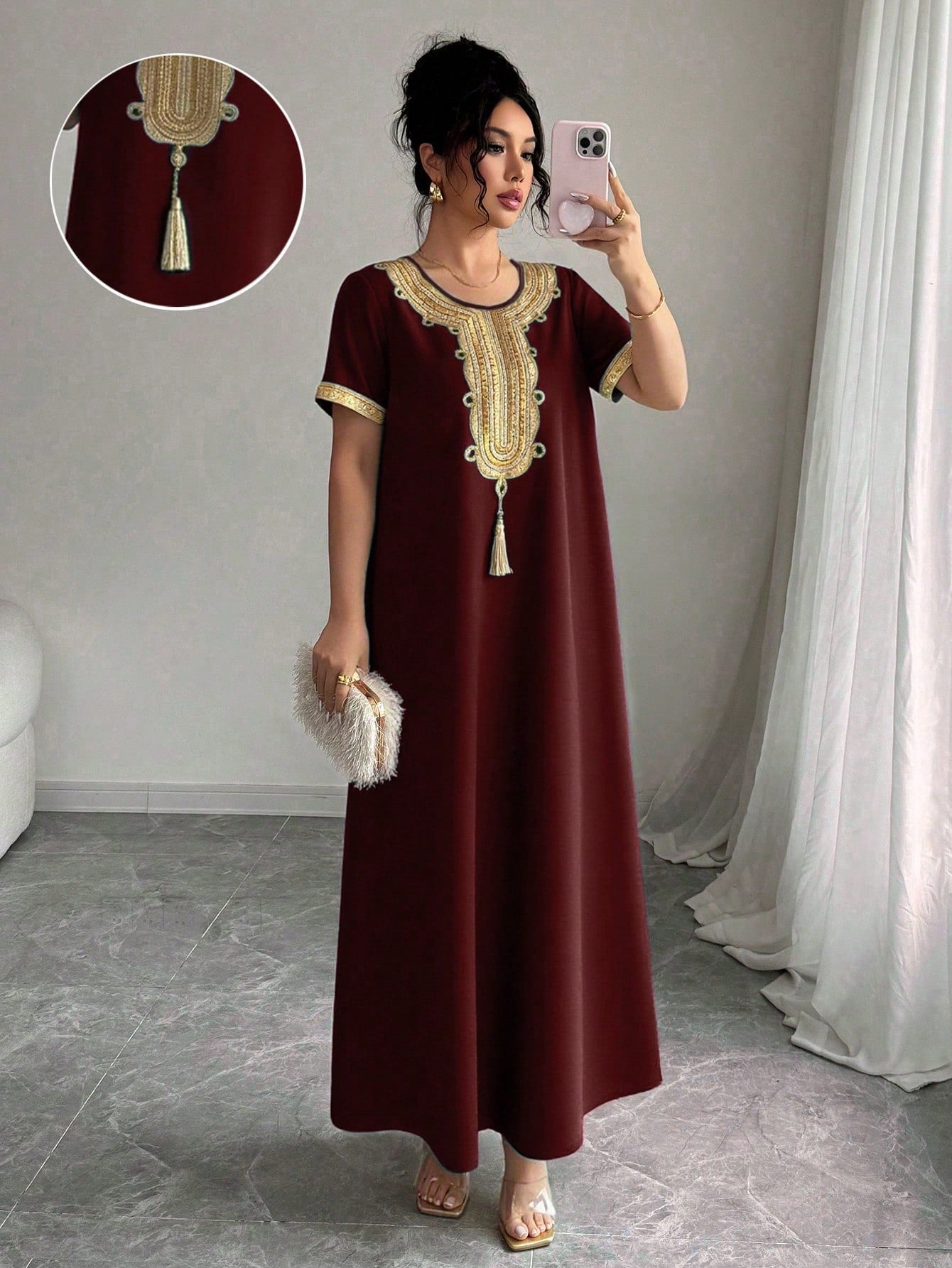 Rafferiza Women's Fashion Round Neck Raglan Short Sleeve Loose Vintage Elegant Gold Lace Trim Dress