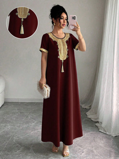Rafferiza Women's Fashion Round Neck Raglan Short Sleeve Loose Vintage Elegant Gold Lace Trim Dress