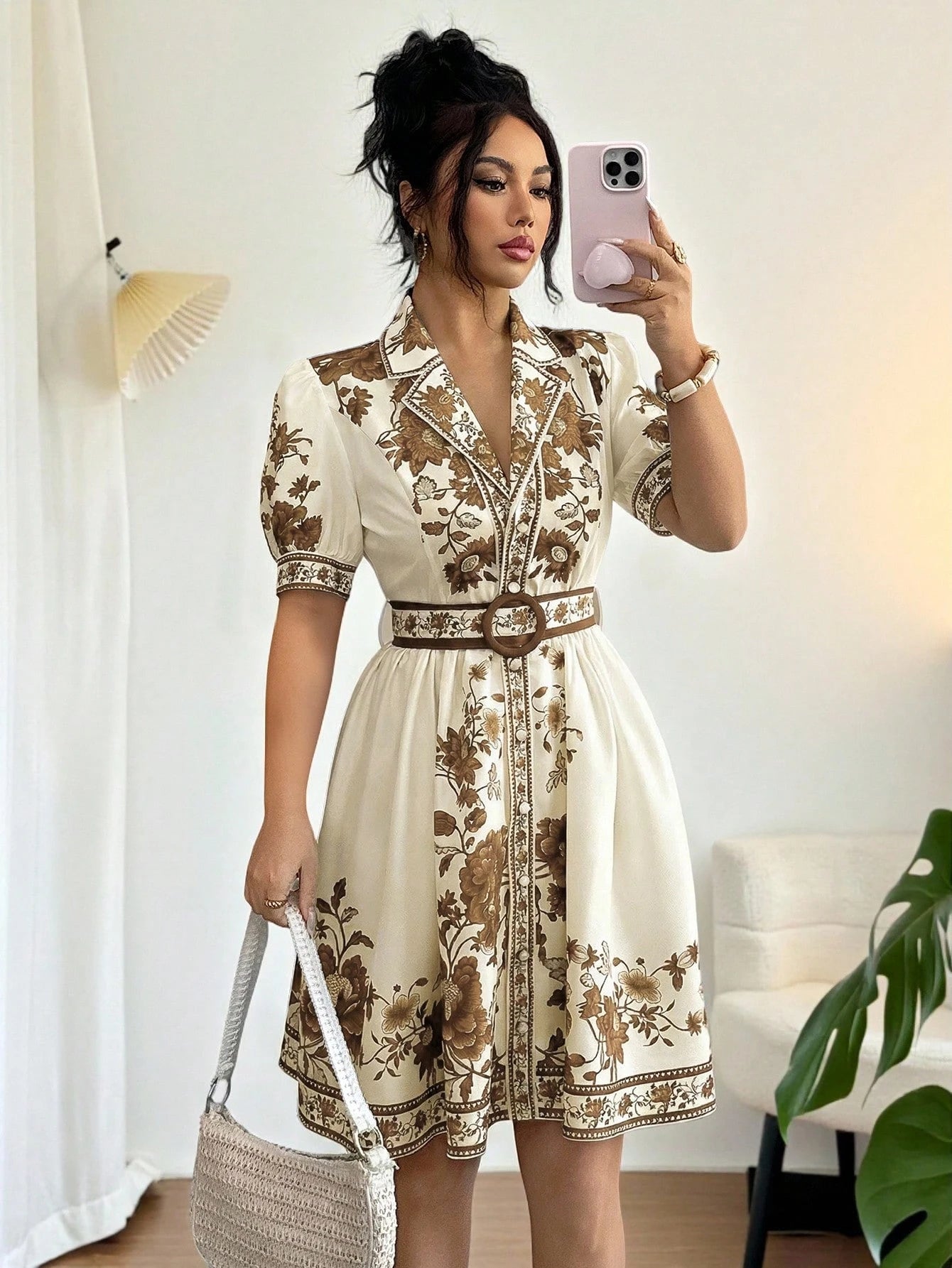 Rafferiza Women's Romantic Elegant Vacation Outfit, Blue & White Floral Print Short Sleeve Cinched Waist Waist Short Dress, Spring/Summer