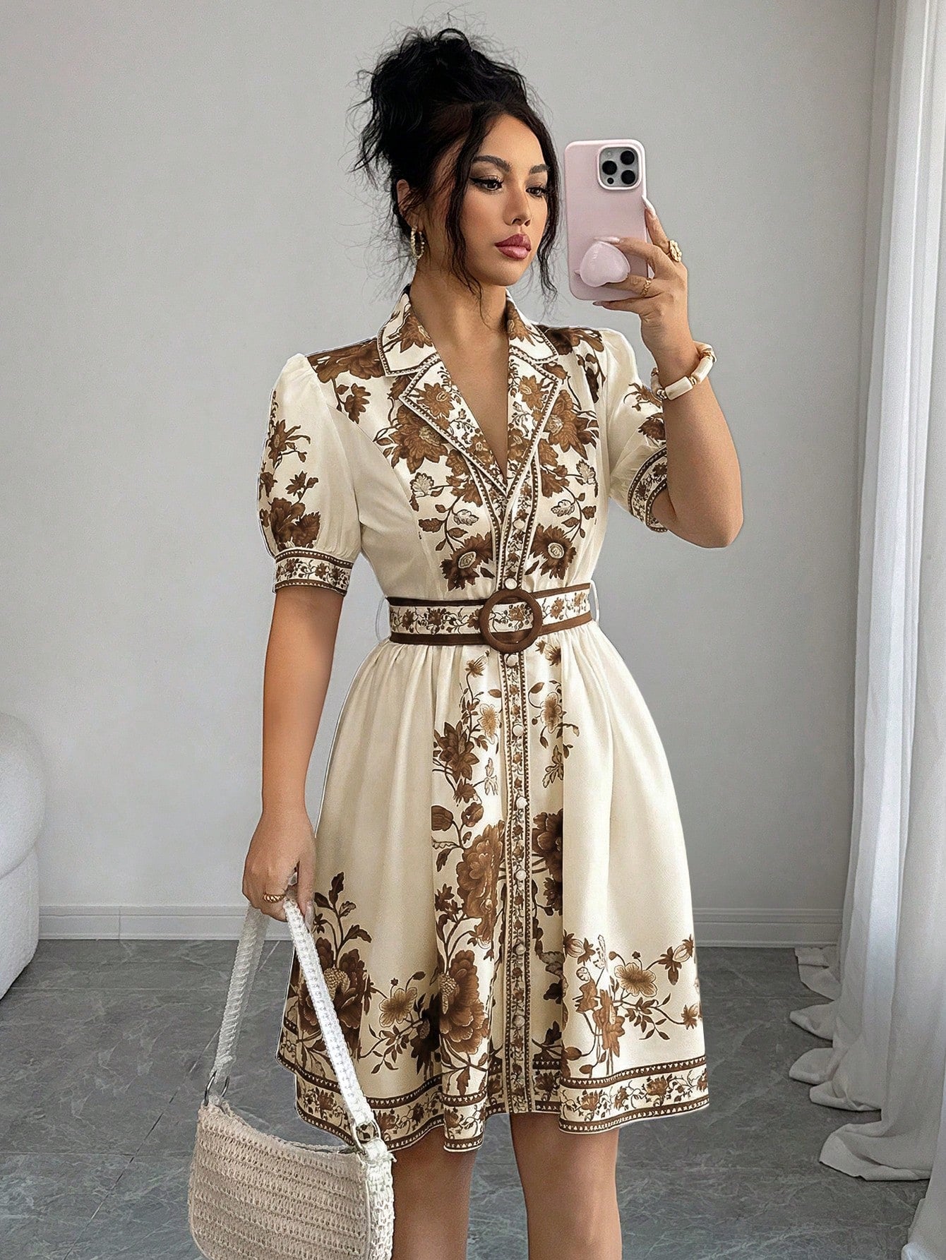 Rafferiza Women's Romantic Elegant Vacation Outfit, Blue & White Floral Print Short Sleeve Cinched Waist Waist Short Dress, Spring/Summer