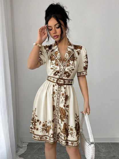 Rafferiza Women's Romantic Elegant Vacation Outfit, Blue & White Floral Print Short Sleeve Cinched Waist Waist Short Dress, Spring/Summer