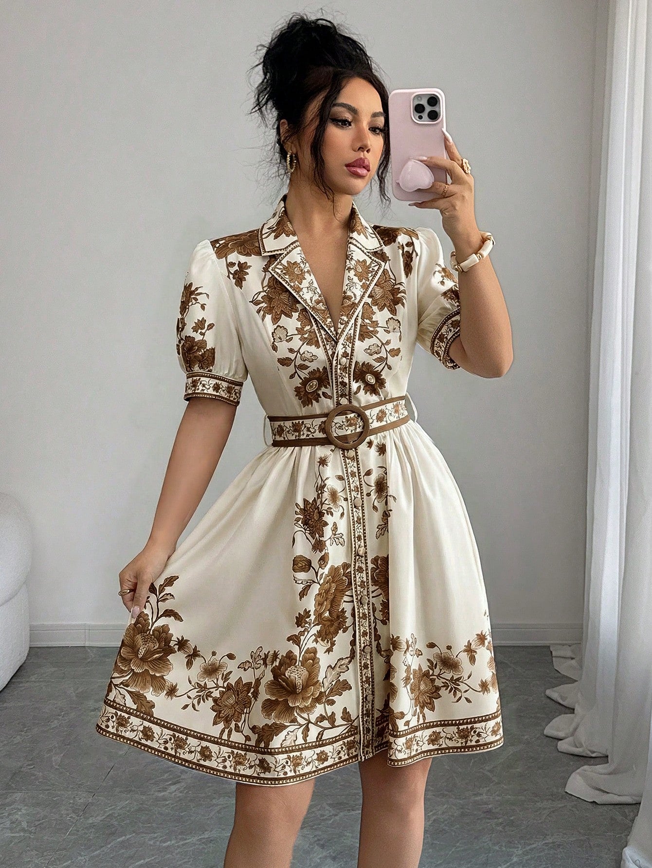 Rafferiza Women's Romantic Elegant Vacation Outfit, Blue & White Floral Print Short Sleeve Cinched Waist Waist Short Dress, Spring/Summer