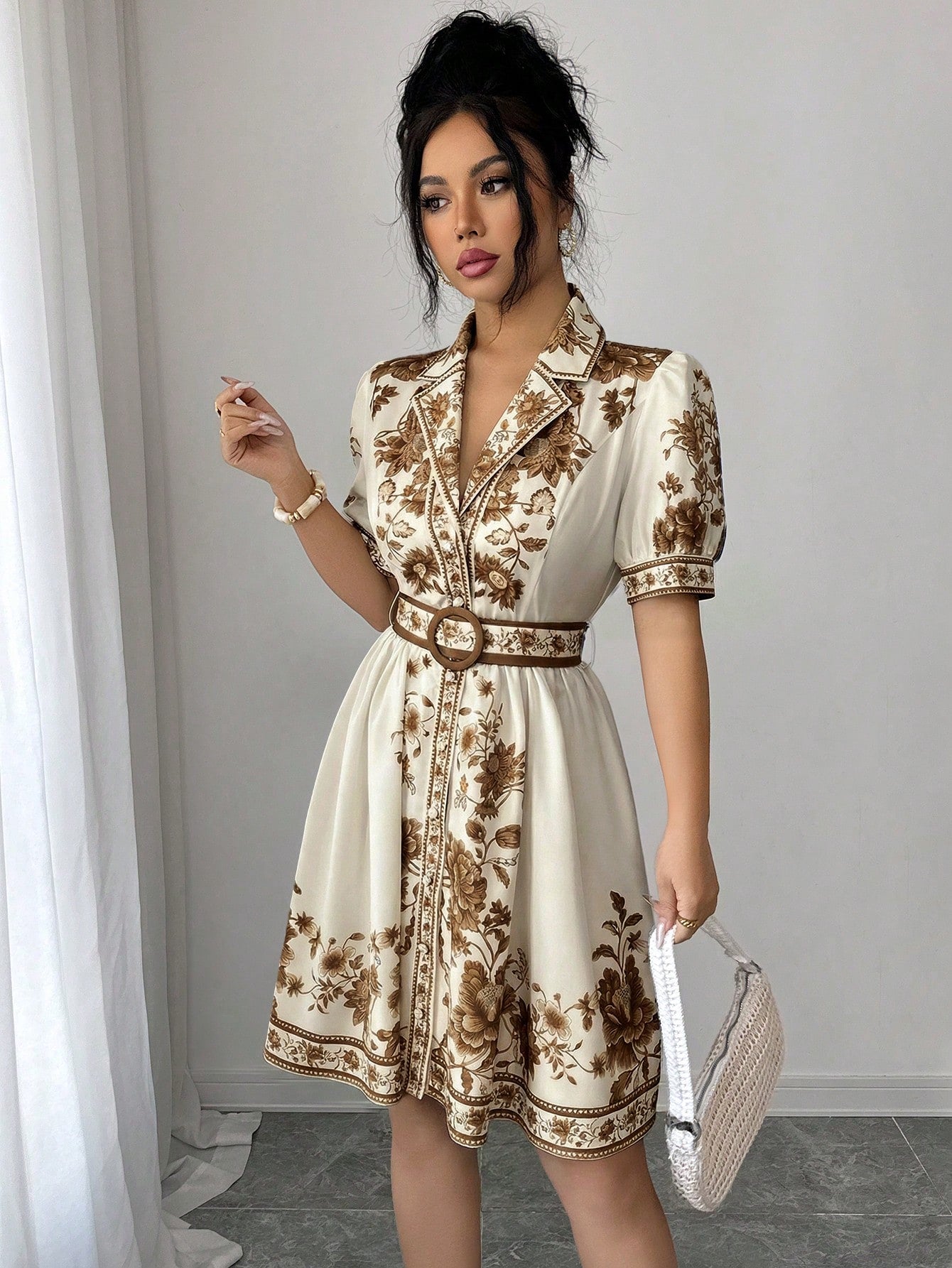 Rafferiza Women's Romantic Elegant Vacation Outfit, Blue & White Floral Print Short Sleeve Cinched Waist Waist Short Dress, Spring/Summer