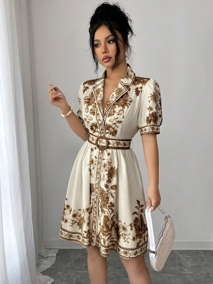 Rafferiza Women's Romantic Elegant Vacation Outfit, Blue & White Floral Print Short Sleeve Cinched Waist Waist Short Dress, Spring/Summer