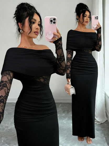Rafferiza Women's Sexy & Elegant Asymmetric Neck Ruched Lace Patchwork Long Sleeve White Dress
