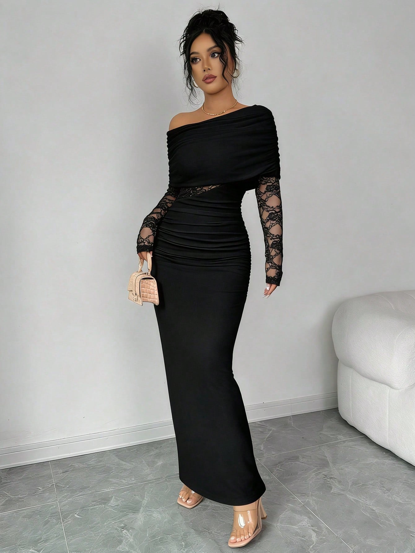Rafferiza Women's Sexy & Elegant Asymmetric Neck Ruched Lace Patchwork Long Sleeve White Dress