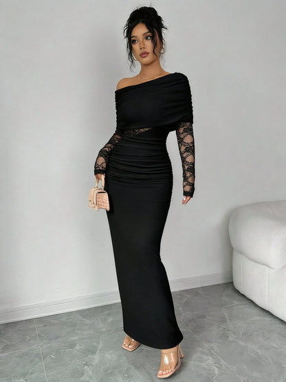 Rafferiza Women's Sexy & Elegant Asymmetric Neck Ruched Lace Patchwork Long Sleeve White Dress