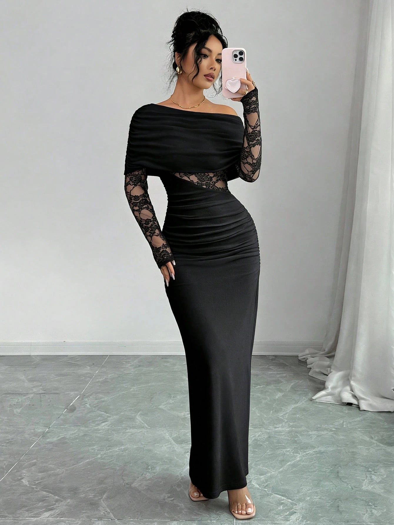 Rafferiza Women's Sexy & Elegant Asymmetric Neck Ruched Lace Patchwork Long Sleeve White Dress