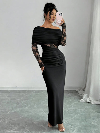 Rafferiza Women's Sexy & Elegant Asymmetric Neck Ruched Lace Patchwork Long Sleeve White Dress