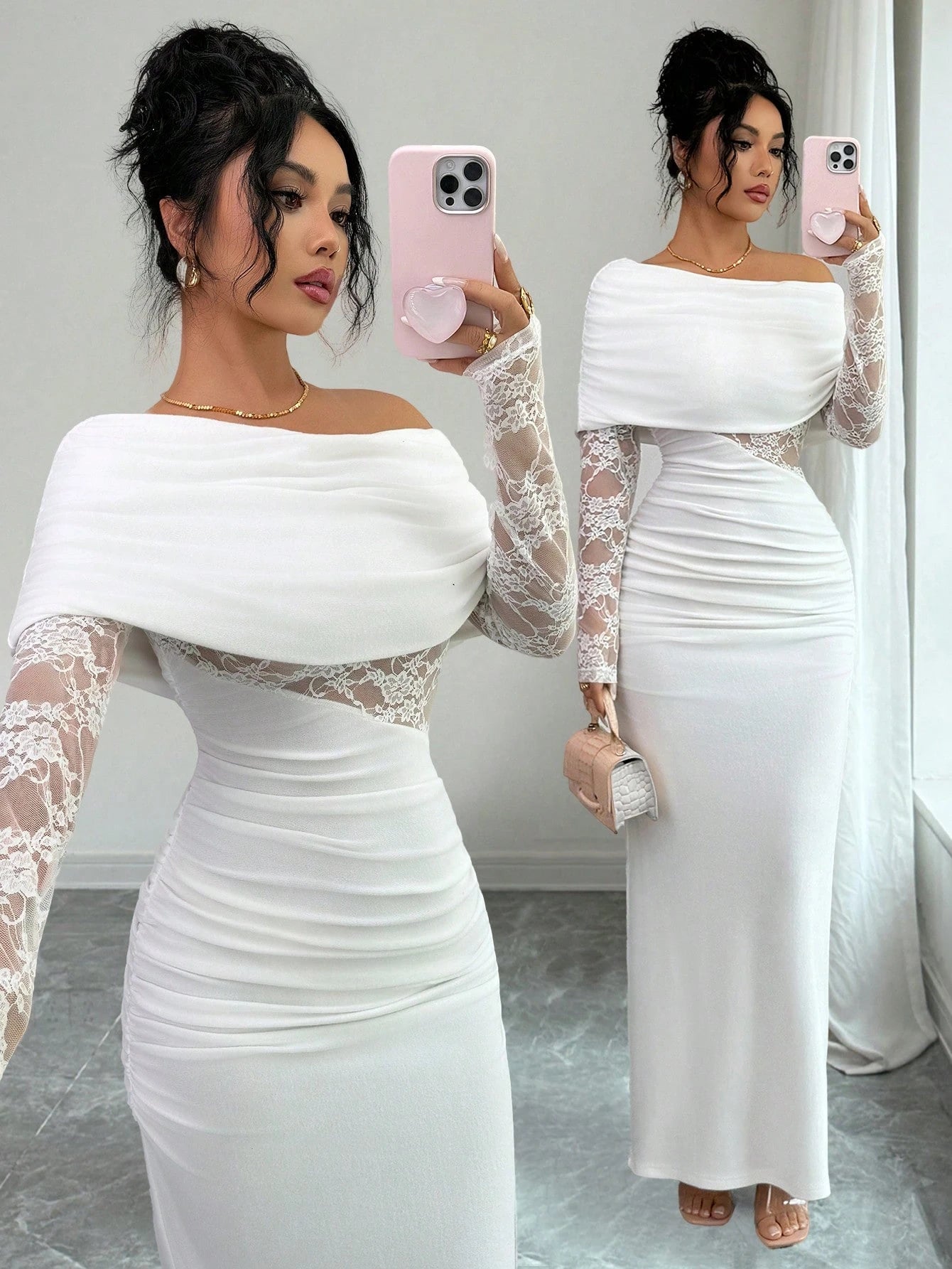 Rafferiza Women's Sexy & Elegant Asymmetric Neck Ruched Lace Patchwork Long Sleeve White Dress