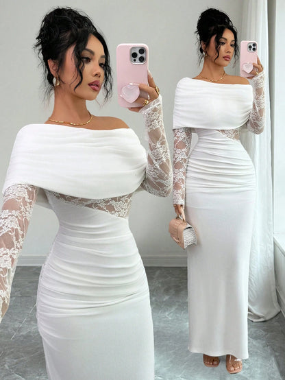 Rafferiza Women's Sexy & Elegant Asymmetric Neck Ruched Lace Patchwork Long Sleeve White Dress